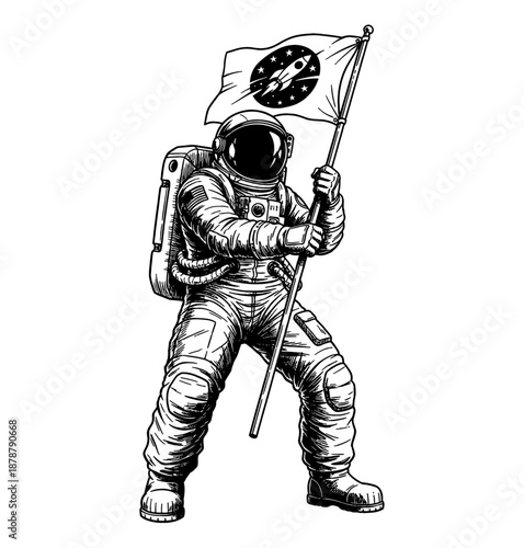 Astronaut standing triumphantly holding a flag with a rocket and stars in a detailed spacesuit line art drawing