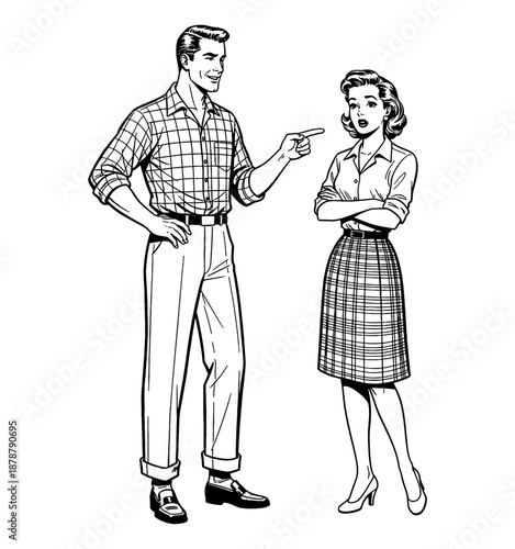 Caucasian man smiling while pointing at a surprised Caucasian woman in retro illustration style