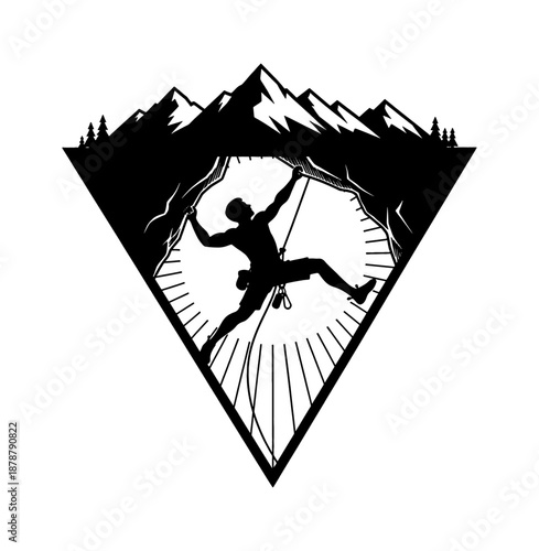 Strong man rock climbing in mountain outdoor adventure illustration black and white graphic design