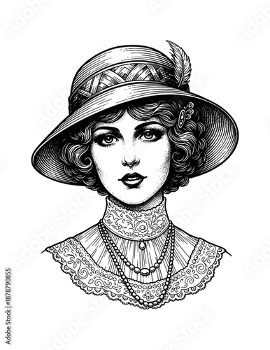 Elegant vintage woman wearing a feather hat and pearl necklaces with a serious expression looking forward