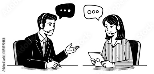 Smiling Customer Service Man and Woman in Headsets Talking Help Desk Support Communication Dialogue Vector Art