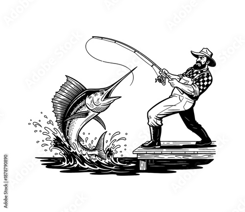Bearded Man Fishing and Reeling in a Large Marlin Jumping from the Water with Vigorous Splashes in Side View