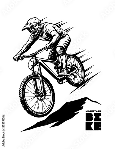 Mountain biker in full protective gear jumping downhill on a bicycle dynamic black and white vector illustration