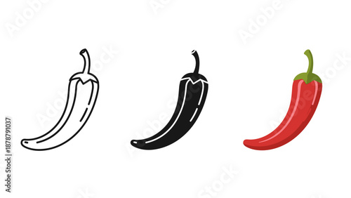 Three chili peppers in different colors and line art styles on white