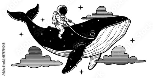 Astronaut Riding a Majestic Flying Whale Through a Starry Cosmic Sky with Clouds in a Whimsical Adventure
