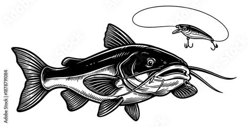 Detailed Engraved Illustration of a Catfish and Fishing Lure in Classic Black and White Line Art Style