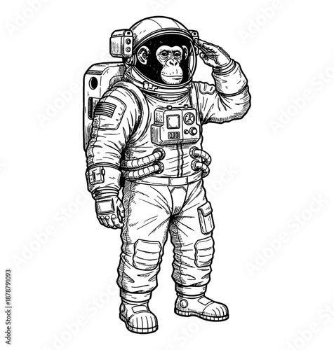 Chimpanzee astronaut saluting in a space suit standing confidently detailed illustration style