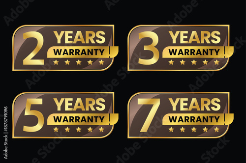 Golden warranty badge set with two three five and seven years label collection for product quality assurance and premium service
