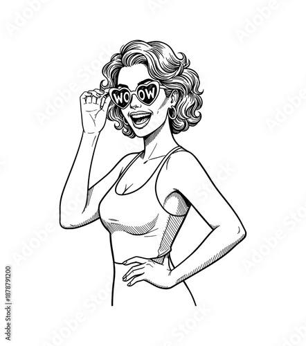 Happy woman adjusting heart shaped wow sunglasses smiling with a fun pinup pose in black and white illustration