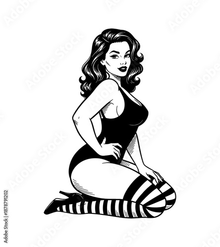 Glamorous Pinup Woman Kneeling Posing with Confident Smile Wearing Striped Stockings and Black Swimsuit