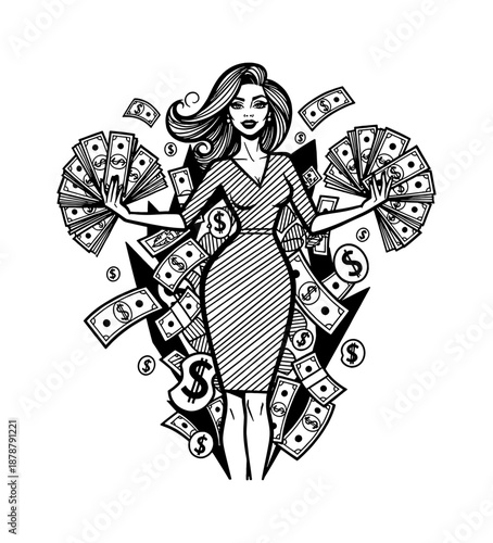 Happy Woman Holding Fanned Money Surrounded by Floating Dollar Bills in Black and White Outline Illustration
