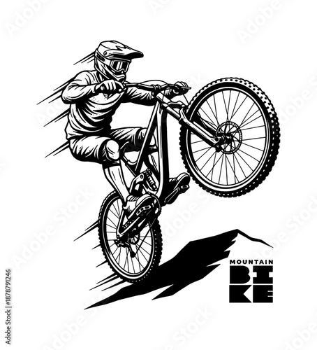 Energetic Mountain Biker Riding on One Wheel Wearing Helmet and Goggles Bold Black and White Art