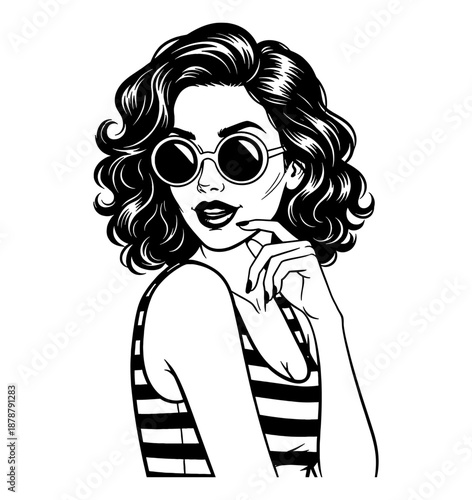 Confident woman with curly hair wearing sunglasses smiling looking over shoulder with hand on chin