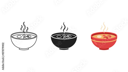 Three steaming bowls of soup in black white and red on a clean background