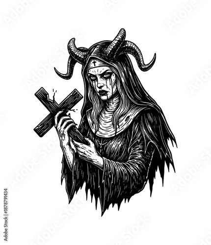 Dark Nun with Horns Holding Broken Cross Gaze Full of Fury in Black and White Engraving Style