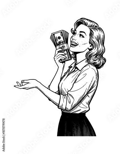 Happy Caucasian woman holding money bundle with a wide smile looking up in black and white illustration