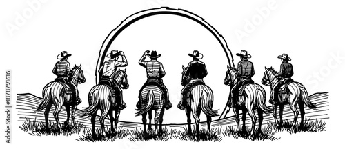 Group of six cowboys riding horses across a rustic landscape with a large arch vintage illustration