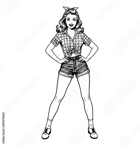Happy Confident Pinup Woman Standing Hands on Hips Wearing Plaid Shirt and Denim Shorts with Bandana Hair