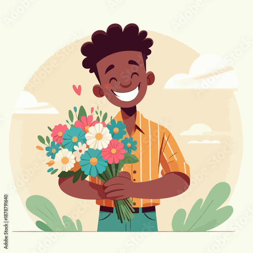 Cartoon character illustration of a happy man carrying flowers