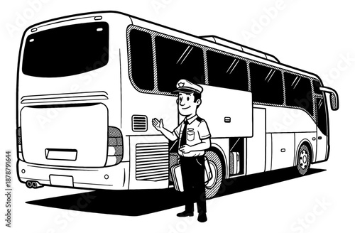 Smiling Bus Driver Man Waving Hand Next to a Large Passenger Bus with Open Luggage Compartment