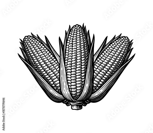 Three Detailed Corn Cobs with Husks in Vintage Engraved Black and White Line Art Illustration
