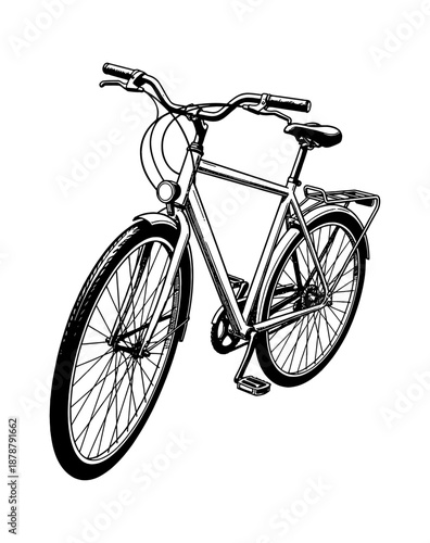 Classic Bicycle Line Art Illustration Black and White Vector Drawing with Detailed Wheels and Frame