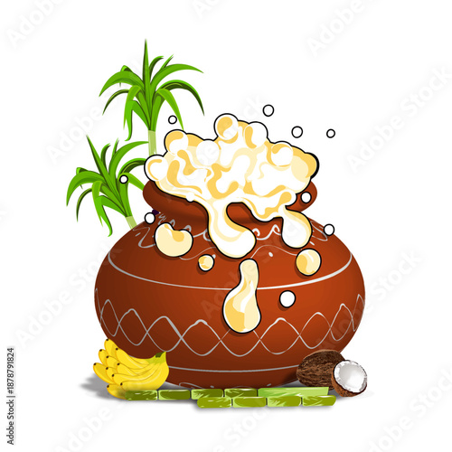 Pongal festival pot with sugarcane and boiled rice vector illustration