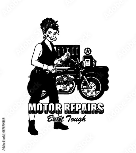 Confident pinup style woman mechanic fixing a motorcycle smiling happily in black and white illustration