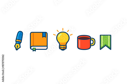 Set of icons: fountain pen, book, light bulb, coffee cup, bookmark