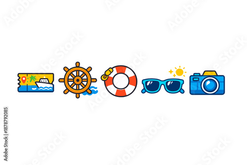 Summer vacation travel icons with neon glow