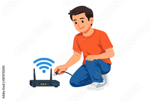 Boy connecting cable to Wi-Fi router with glowing signal