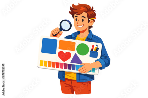 Boy holding a board with shapes, colors, and magnifying glass