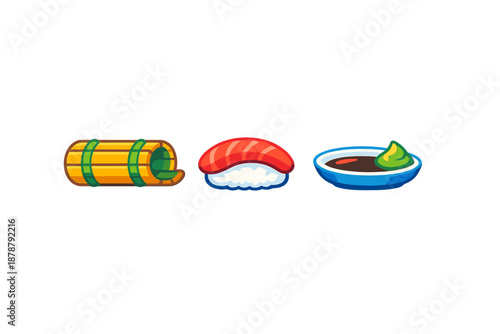 Japanese sushi and ingredients, food illustration