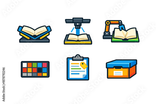 Collection of stylized icons related to books and archives