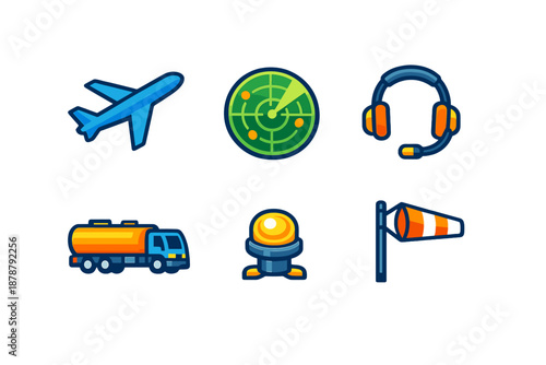 Airport Icons: Airplane, Radar, Headphones, Truck, Beacon, Windsock