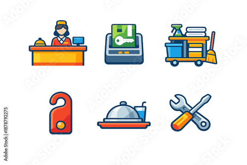 Hotel service icons: reception, room key, cleaning cart, do not