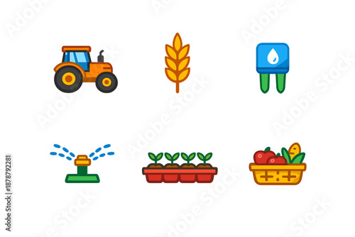 Farm icons with neon glow: tractor, wheat, water drop, sprinkler