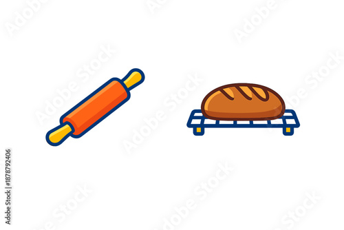 Baking icons: rolling pin and bread on cooling rack