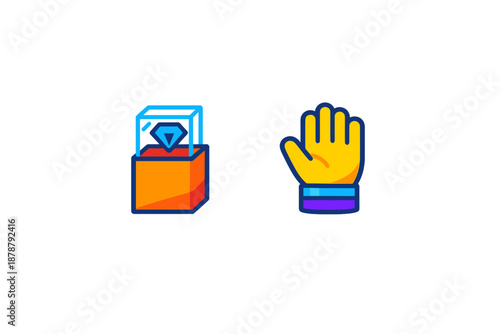 Diamond in a display case and a yellow glove on a gray background