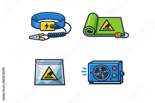 Anti-static equipment icons set: wrist strap, mat, bag, and power
