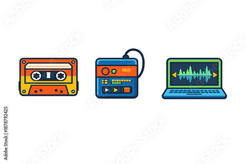 Retro audio equipment icons: cassette, player, and laptop