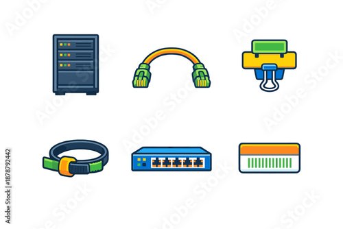 Network technology icons: server rack, cable, switch, and more
