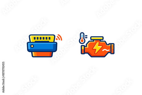 Car diagnostics icons, engine and OBD2 scanner
