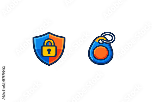 Digital security icons: shield with lock and access key