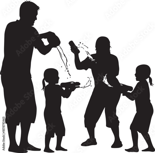 Family playing with water guns a cheerful silhouette on transparent background