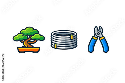 Bonsai tree, coiled wire, and pruning shears icon set