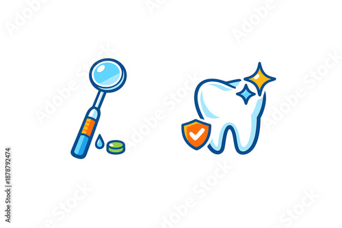 Dental hygiene icons: mirror, tooth, and shield