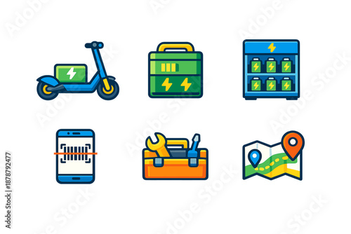 Electric scooter icons with battery, tools, map, and charging station