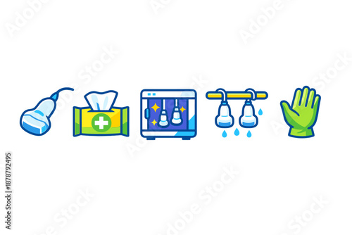 Medical icons: Ultrasound probe, wipes, sterilizer, IV drip, glove