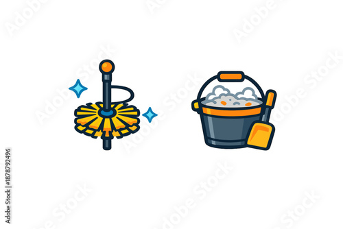 Cleaning tools: Toilet brush and bucket with scoop